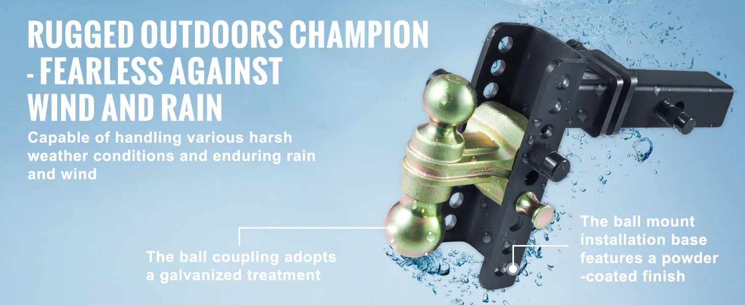 Verstelbare VEVOR-trekhaak met dubbele kogelgewrichten, geschikt voor zware weersomstandigheden, regen en wind.