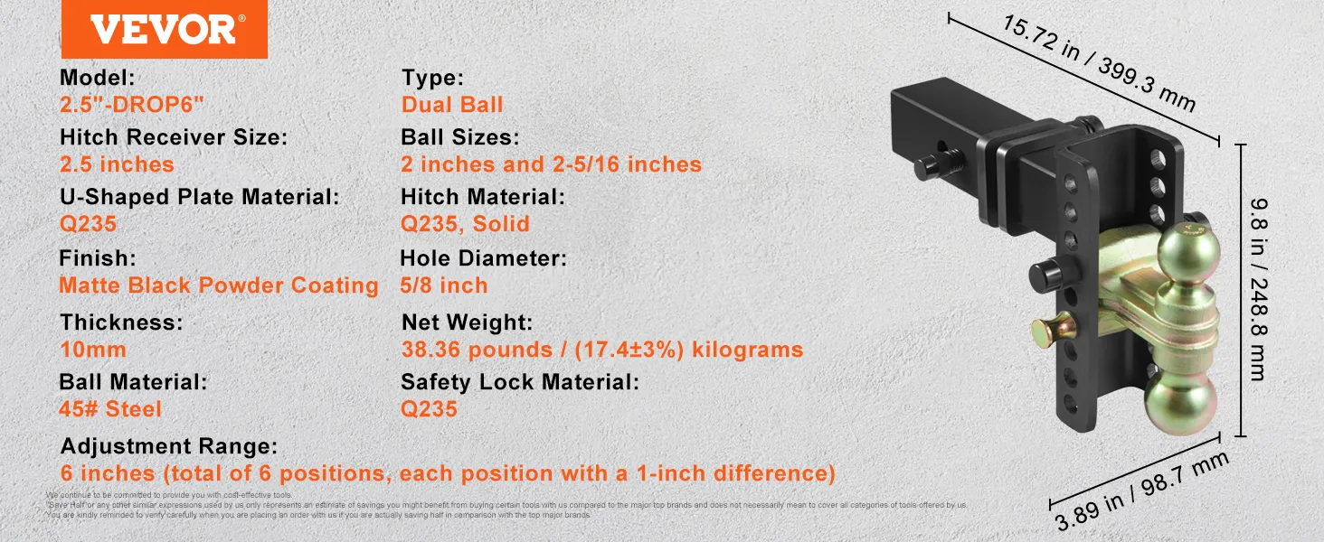 Verstelbare VEVOR-trekhaak met dubbele kogel, 2,5 inch trekhaakbevestiging en 6 inch verstelbereik.
