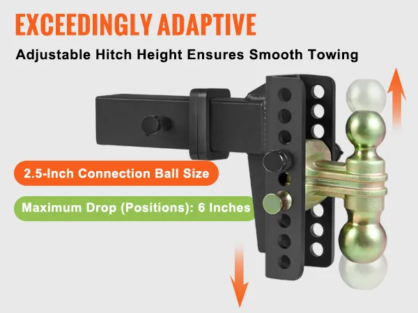 Verstelbare VEVOR-trekhaak met 2,5-inch kogel, 6 standen, 6-inch daling en 1-inch verhogingen.
