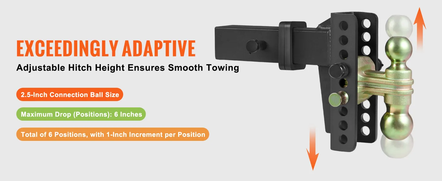 Verstelbare VEVOR-trekhaak met 2,5-inch kogel, 6 standen, 6-inch daling en 1-inch verhogingen.