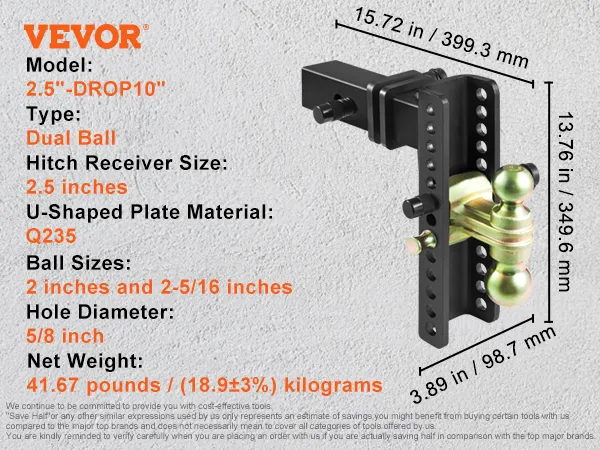 VEVOR adjustable trailer hitch with dual ball, 2.5-inch receiver, 10-inch range, black powder coating.