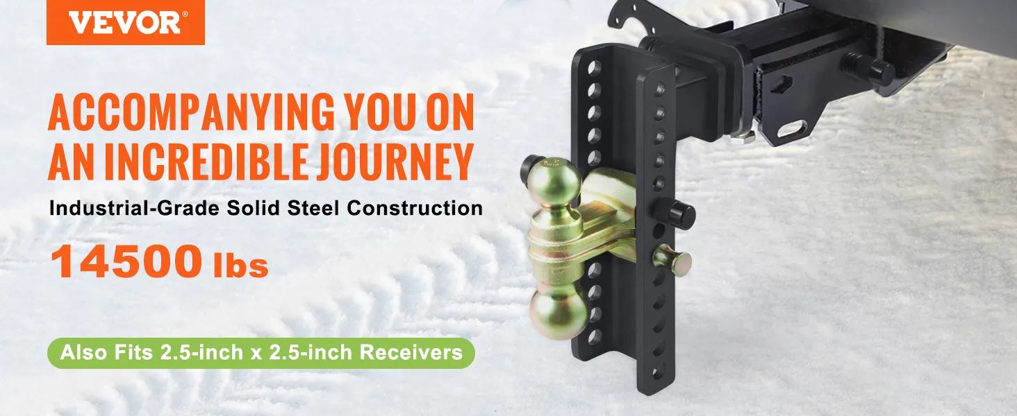VEVOR adjustable trailer hitch, industrial-grade solid steel, 14500 lbs capacity, fits 2.5-inch receivers.