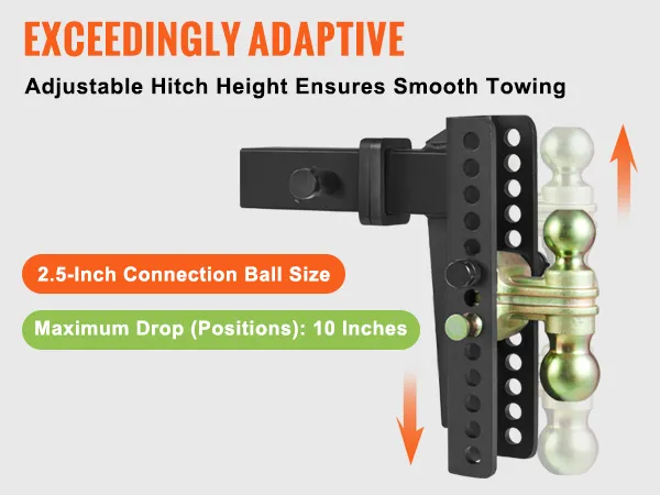 VEVOR adjustable trailer hitch with 2.5-inch connection ball, 10-inch drop, and 10 positions for smooth towing.