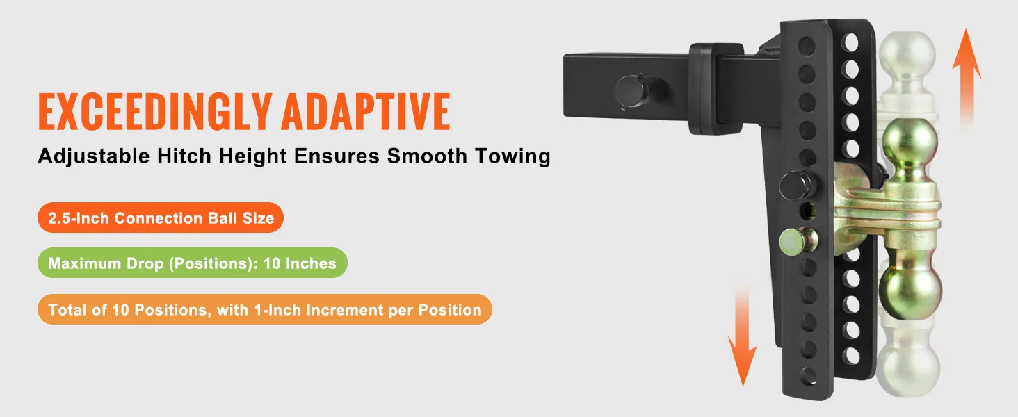 VEVOR adjustable trailer hitch with 2.5-inch connection ball, 10-inch drop, and 10 positions for smooth towing.