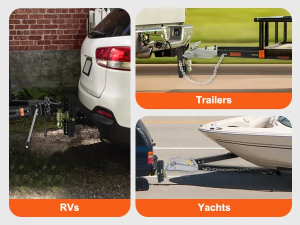 VEVOR adjustable trailer hitch towing rv, trailer, yacht with "versatile for various scenarios" text.