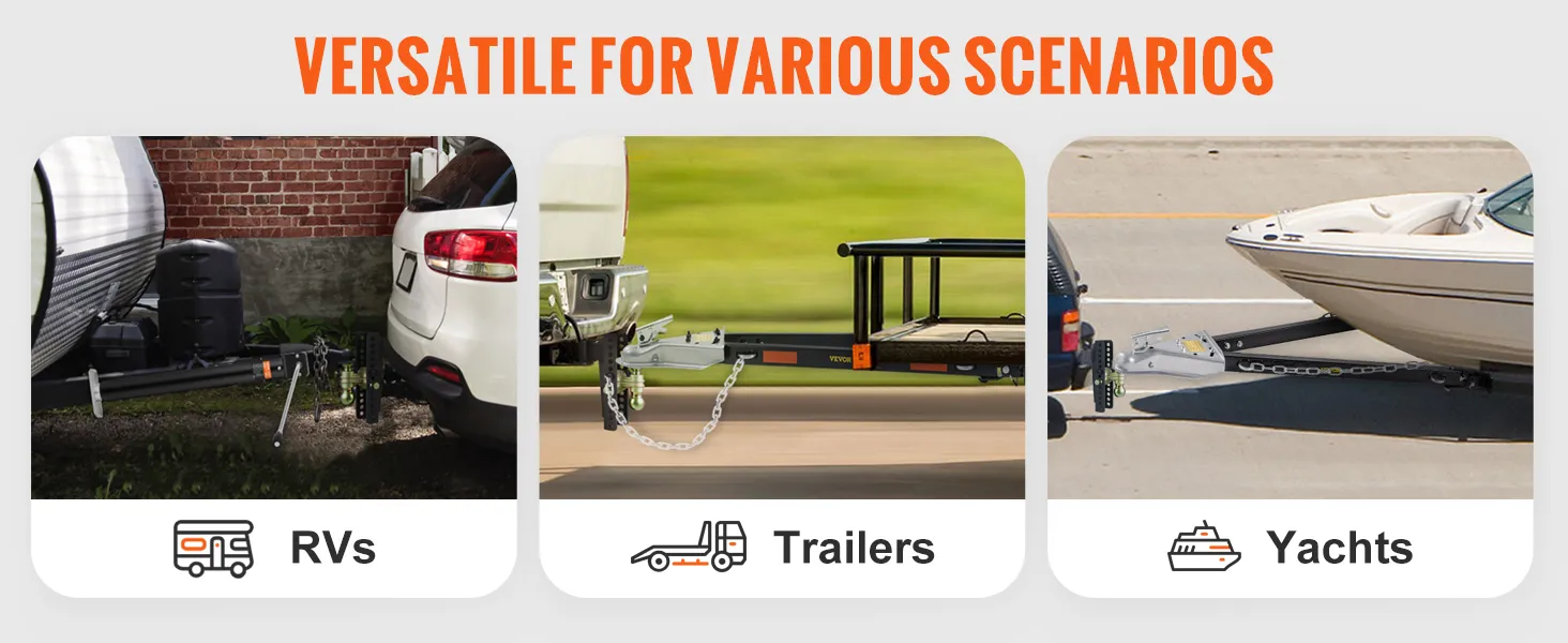 VEVOR adjustable trailer hitch towing rv, trailer, yacht with "versatile for various scenarios" text.
