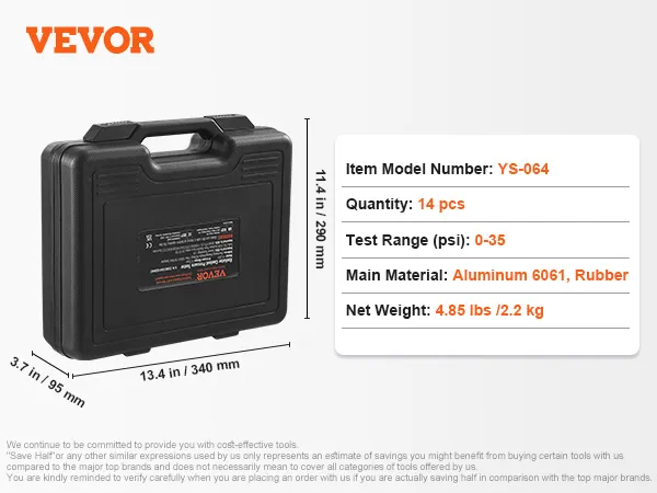 black VEVOR radiator pressure tester case with specifications: 14 pcs, 0-35 psi, and 4.85 lbs.