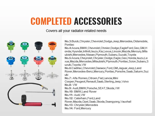 completed accessories for VEVOR radiator pressure tester with various adapters and detailed compatibility list.
