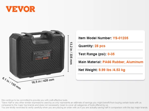 VEVOR radiator pressure tester in black case, model ys-01205, 28 pcs, 0-35 psi, pa66 rubber, 9.99 lbs.