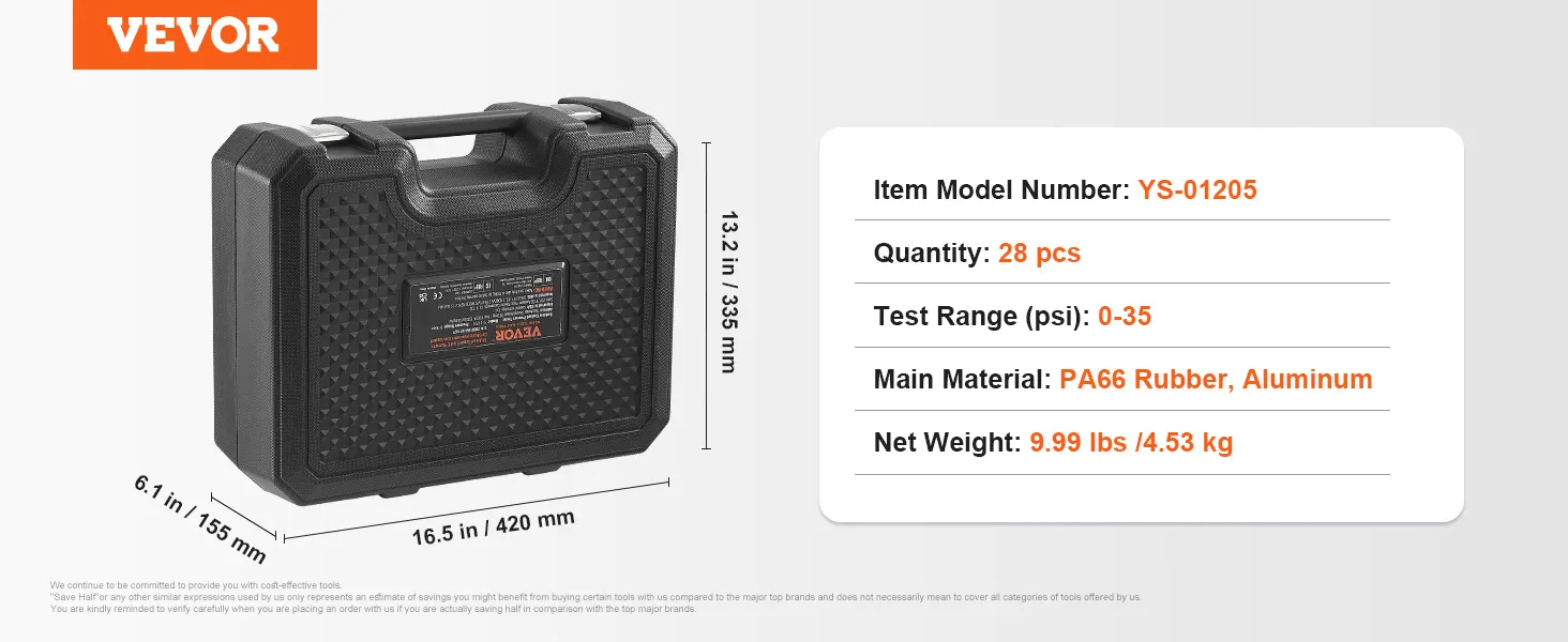 VEVOR radiator pressure tester in black case, model ys-01205, 28 pcs, 0-35 psi, pa66 rubber, 9.99 lbs.