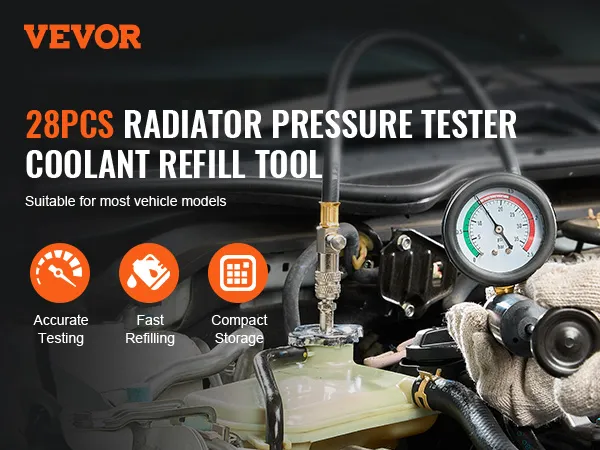VEVOR radiator pressure tester with 28 pieces and coolant refill tool for accurate testing and fast refilling.