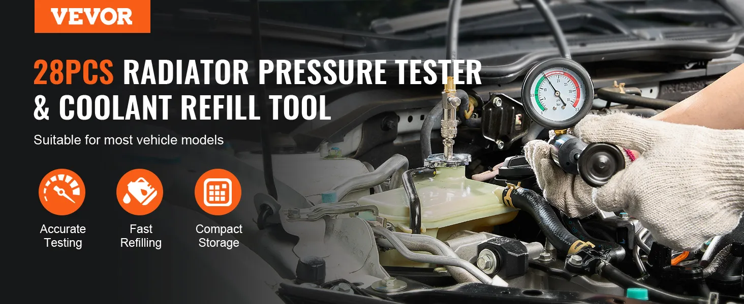 VEVOR radiator pressure tester with 28 pieces and coolant refill tool for accurate testing and fast refilling.