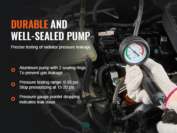 durable and well-sealed VEVOR radiator pressure tester in use on car engine, showcasing gauge and pump.