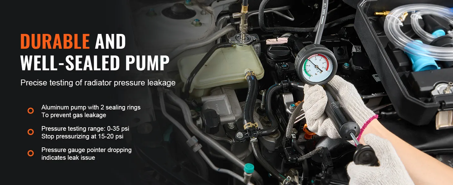 durable and well-sealed VEVOR radiator pressure tester in use on car engine, showcasing gauge and pump.