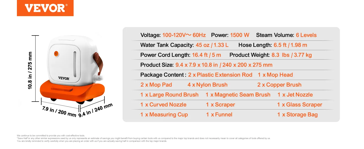 Limpiador a vapor VEVOR blanco con base naranja, especificaciones de potencia, dimensiones y contenido del paquete enumerados.