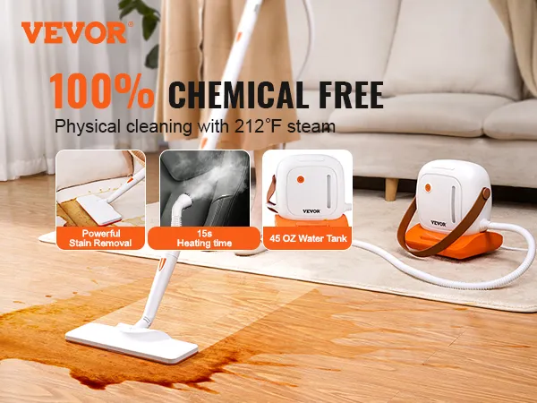 Limpiador a vapor VEVOR, limpieza sin químicos con vapor de 212 °F, potente eliminación de manchas, tanque de agua de 45 oz.