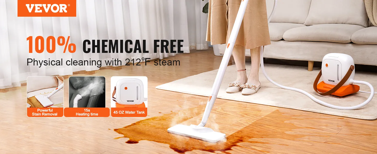 Limpiador a vapor VEVOR, limpieza sin químicos con vapor de 212 °F, potente eliminación de manchas, tanque de agua de 45 oz.