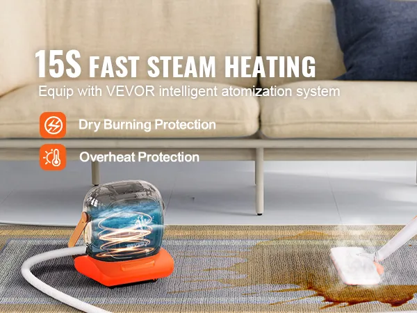 Limpiador a vapor VEVOR con calentamiento a vapor rápido de 15 s, sistema de atomización inteligente y protección contra quemaduras en seco.