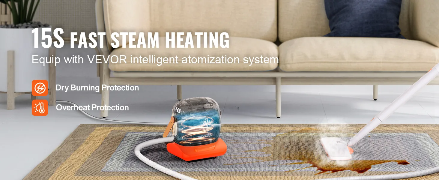 Limpiador a vapor VEVOR con calentamiento a vapor rápido de 15 s, sistema de atomización inteligente y protección contra quemaduras en seco.