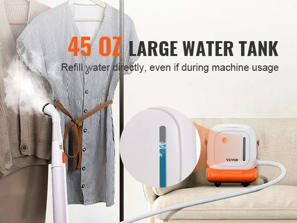 Limpiador a vapor VEVOR con tanque de agua grande de 45 oz, vaporiza la ropa, fácil recarga incluso durante el uso.