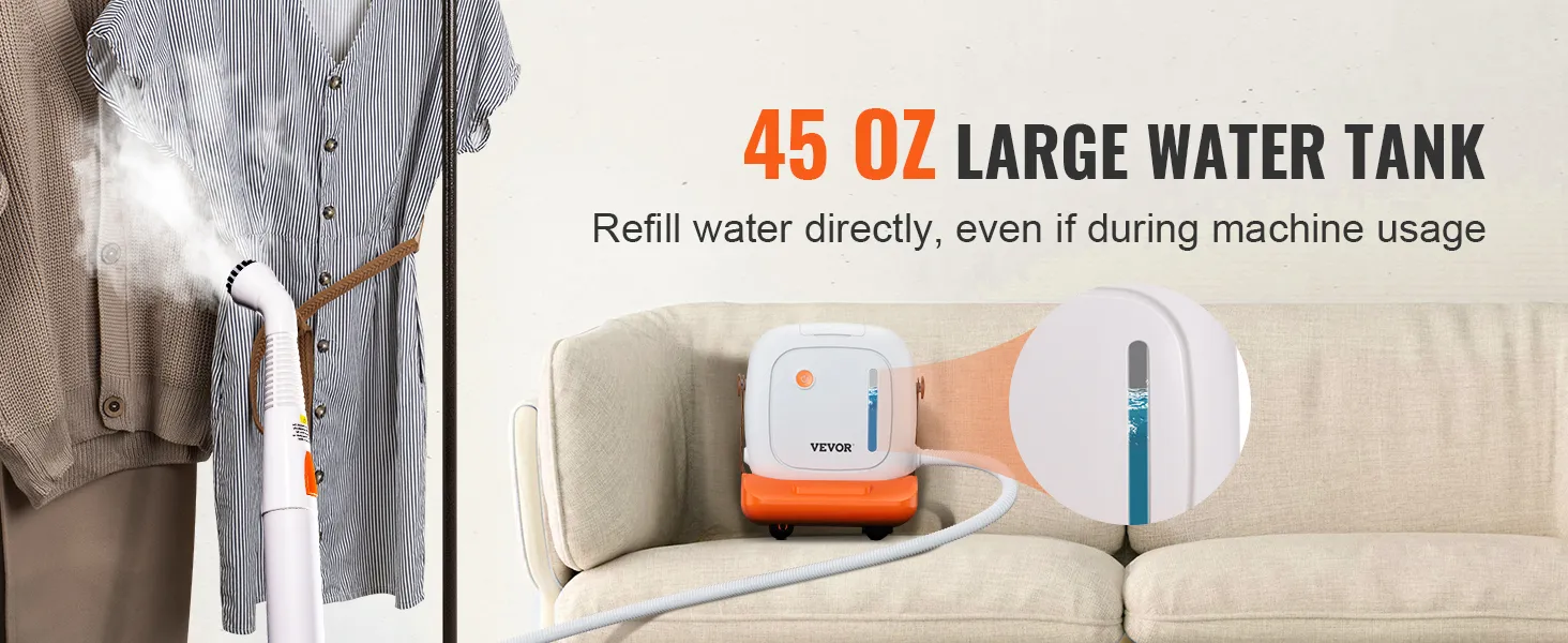 Limpiador a vapor VEVOR con tanque de agua grande de 45 oz, vaporiza la ropa, fácil recarga incluso durante el uso.