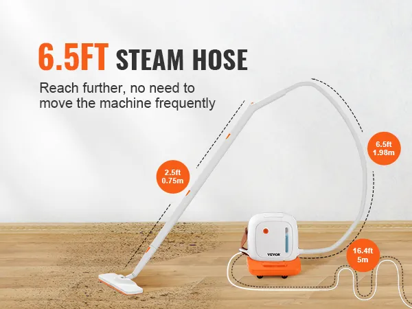 Limpiador a vapor VEVOR con manguera de vapor de 6,5 pies para un alcance extendido, lo que reduce la necesidad de mover la máquina.