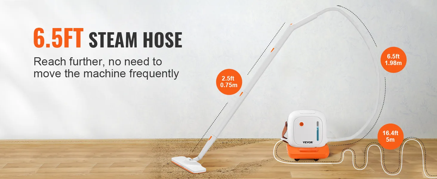 Limpiador a vapor VEVOR con manguera de vapor de 6,5 pies para un alcance extendido, lo que reduce la necesidad de mover la máquina.