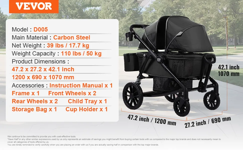 VEVOR all-terrain stroller wagon d005 with carbon steel frame, 39 lbs weight, and 110 lbs capacity.