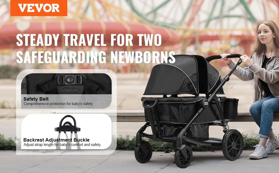 VEVOR all-terrain stroller wagon: safe, adjustable travel for two newborns with safety belt and backrest buckle.