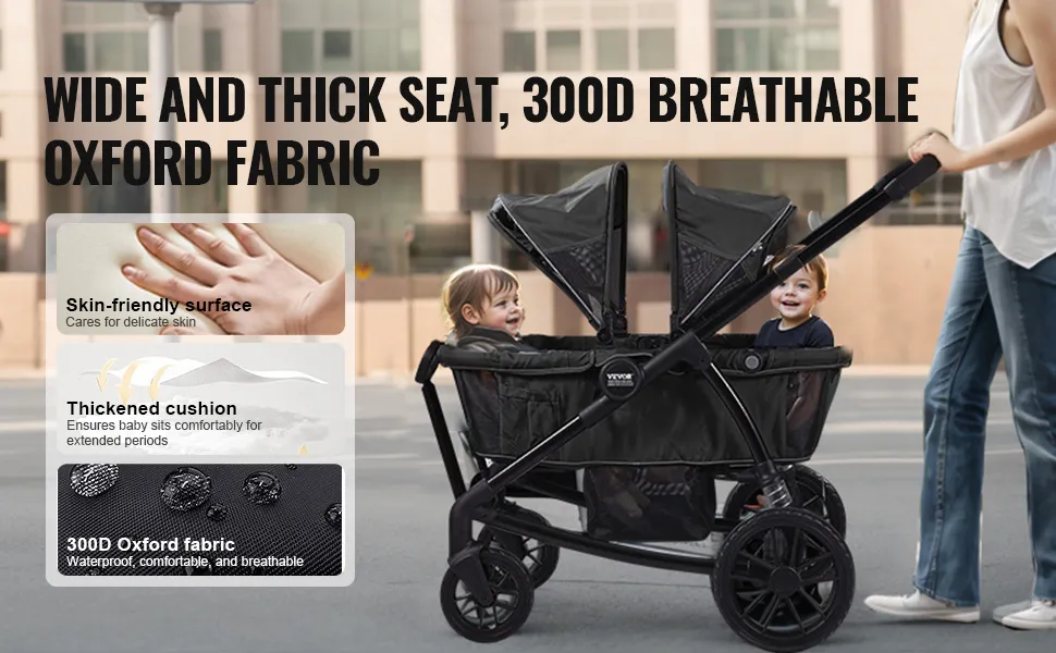 VEVOR all-terrain stroller wagon with wide seat, breathable oxford fabric, thick cushion, skin-friendly surface.