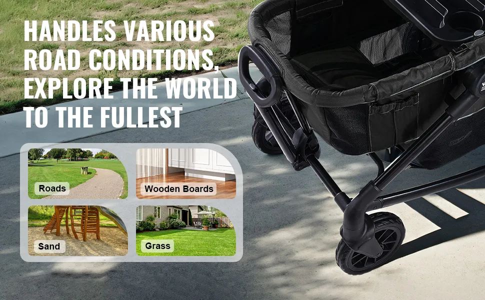 VEVOR all-terrain stroller wagon, versatile for roads, wooden boards, sand, and grass.