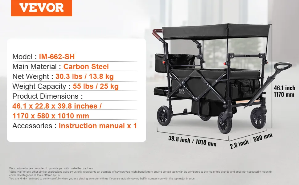 Cochecito tipo wagon VEVOR im-662-sh, acero al carbono, 30,3 libras, capacidad de 55 libras, 46,1 x 22,8 x 39,8 pulgadas.