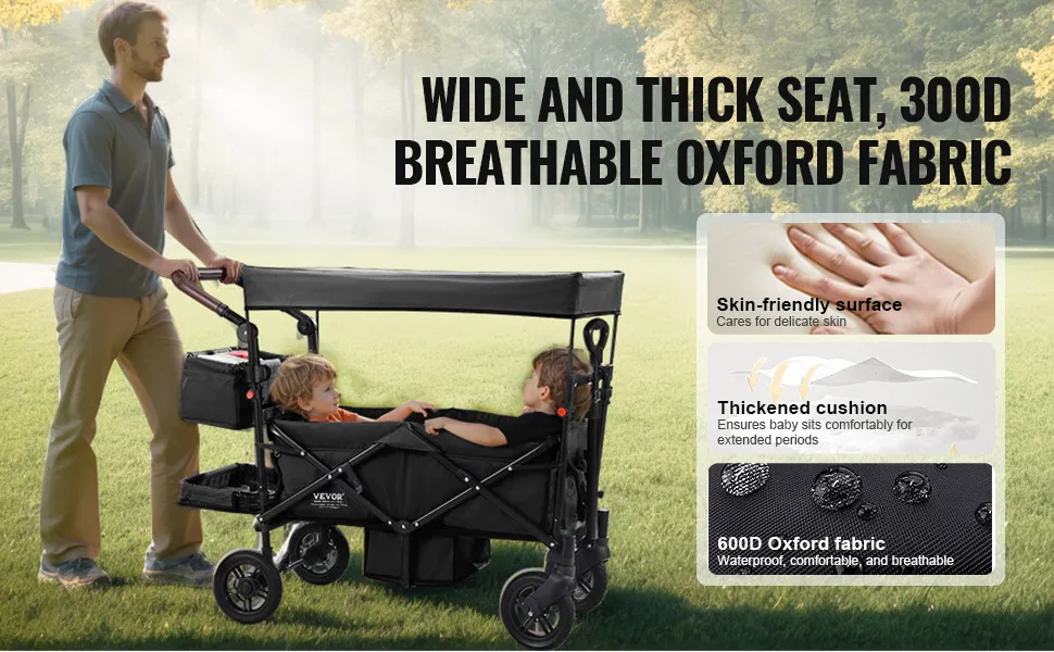 Persona empujando el cochecito VEVOR Wagon con niños sentados en él, cuenta con tela Oxford transpirable 300d.