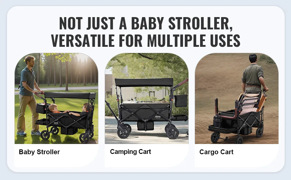 Cochecito VEVOR apto para cochecito de bebé, carrito de camping y carrito de carga, destacando su versatilidad.