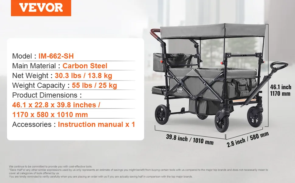 VEVOR wagon stroller, model im-662-sh, carbon steel, 55 lbs capacity, 46.1 x 22.8 x 39.8 inches.