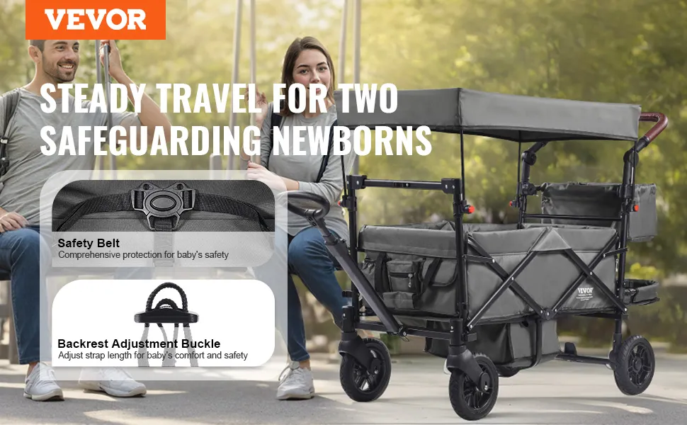 VEVOR wagon stroller showcasing safety belt and adjustable backrest, promoting steady travel for newbies.