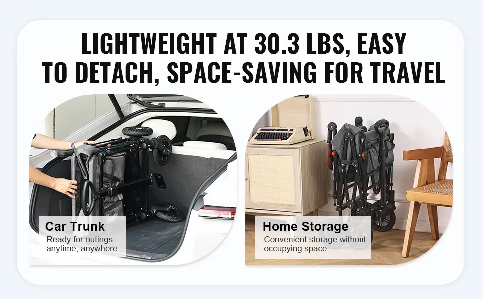 VEVOR wagon stroller folded in a trunk and home storage to highlight lightweight, space-saving design.