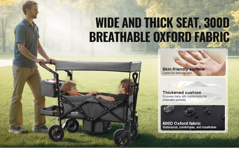 VEVOR wagon stroller with breathable 300d oxford fabric, thickened cushion, and skin-friendly surface.