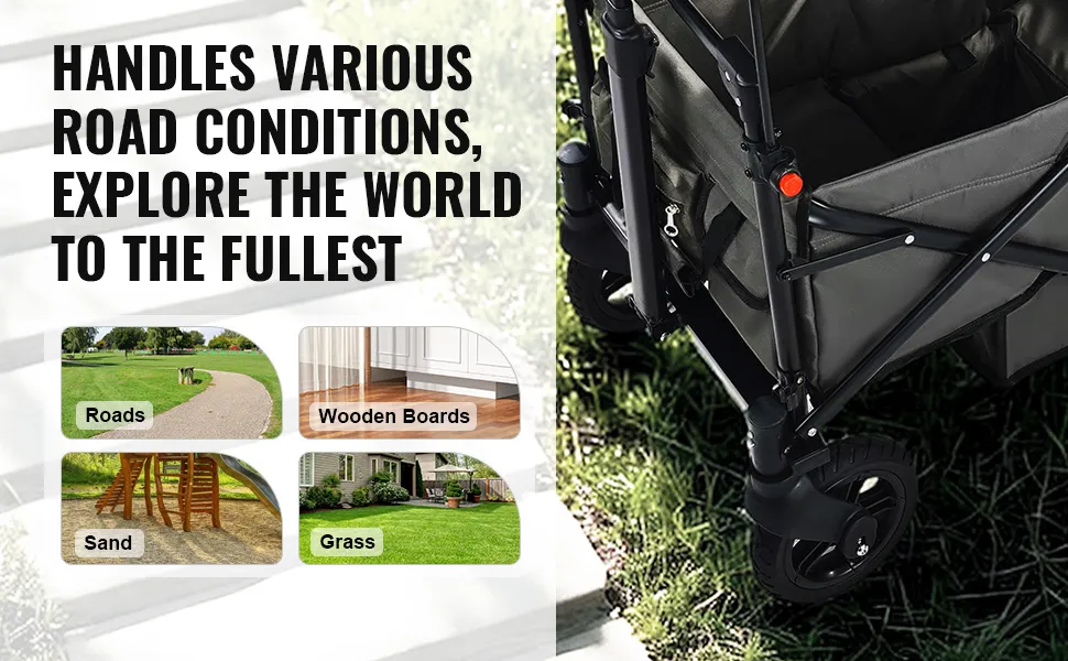 VEVOR wagon stroller on grass showcasing versatility for roads, wooden boards, sand, and grass.
