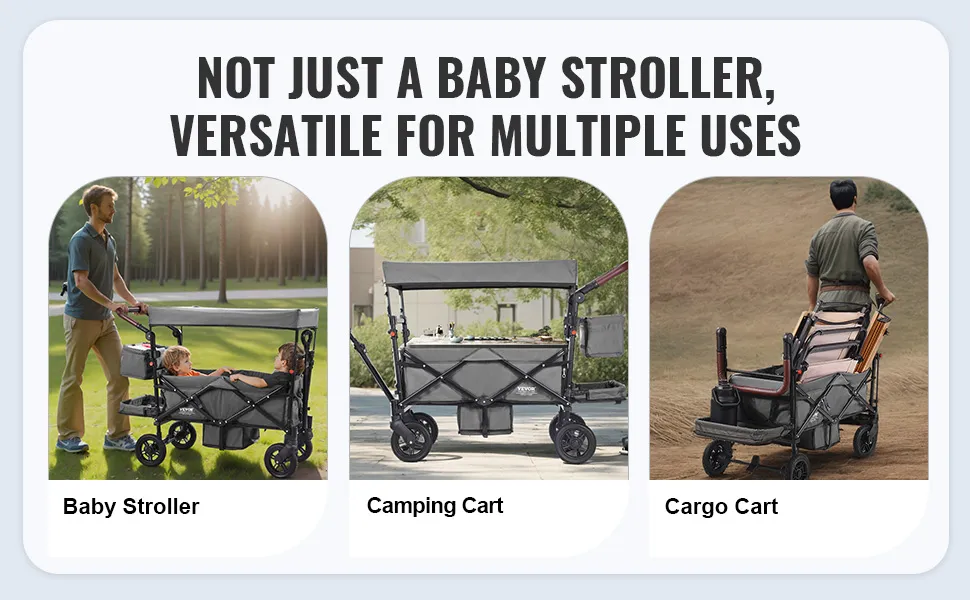 VEVOR wagon stroller used as a baby stroller, camping cart, and cargo cart, showcasing its versatility.