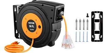 Carrete de cable de extensión retráctil VEVOR, negro y naranja, con kit de montaje y tornillos.