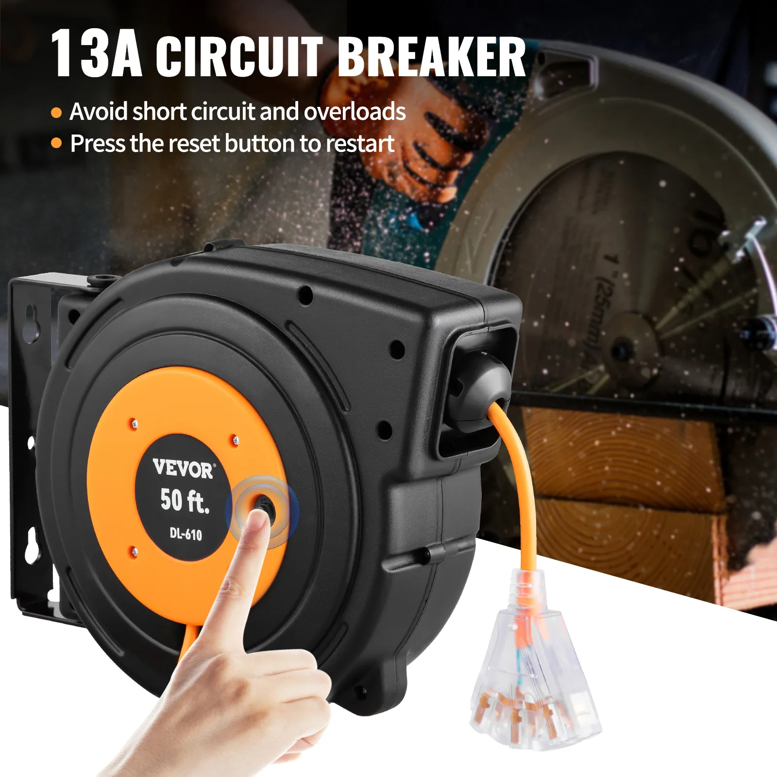 Carrete de cable de extensión retráctil VEVOR con disyuntor de 13 A, longitud de 50 pies, diseño naranja y negro.