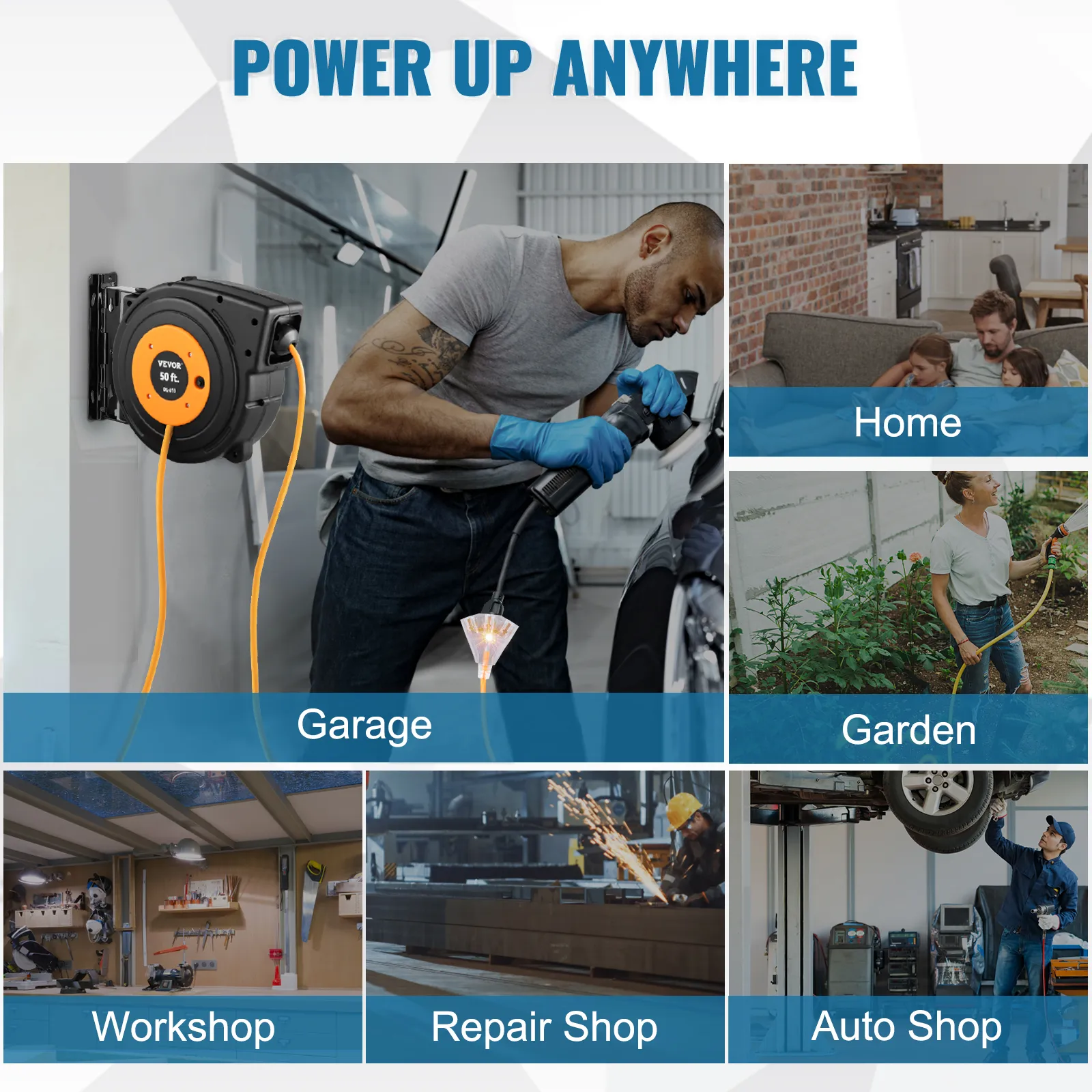 Carrete de cable de extensión retráctil VEVOR en uso en garaje, casa, jardín, taller, taller de reparación y taller de automóviles.