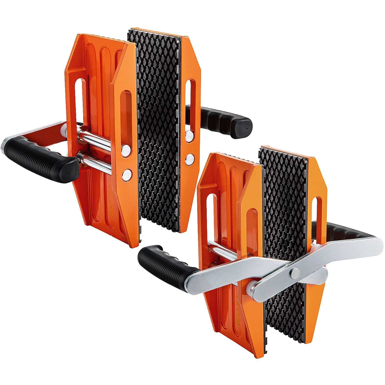 Abrazaderas de transporte de piedras VEVOR, de color naranja, con empuñaduras de goma negra y almohadillas con diseño de diamantes.