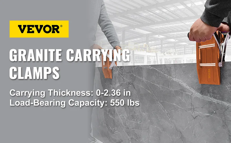 Zaciski VEVOR do przenoszenia granitu, podtrzymujące płytę granitową, o wymiarach: grubość 0-2,36 cala, udźwig 550 funtów.