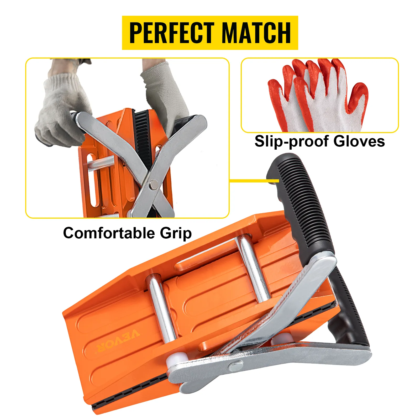 Narzędzia do podnoszenia granitu VEVOR z pomarańczowym uchwytem, wygodnym uchwytem i rękawicami antypoślizgowymi.
