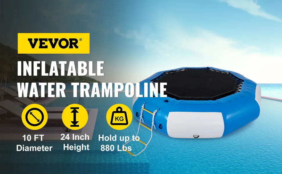 Trampolín acuático VEVOR, 10 pies de diámetro, 24 pulgadas de altura, soporta hasta 880 libras, azul y blanco.