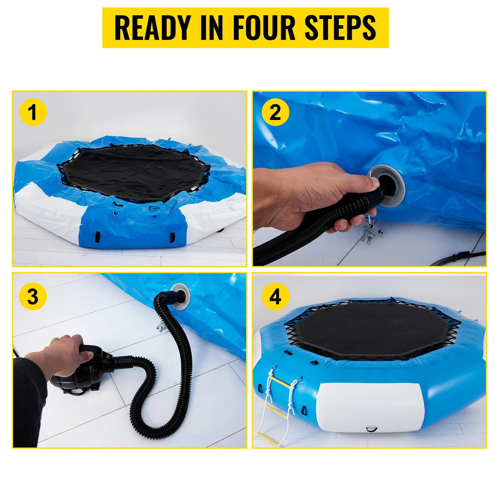 Guía de instalación de cuatro pasos para el trampolín acuático VEVOR: desplegar, conectar la manguera, inflar y disfrutar del trampolín.