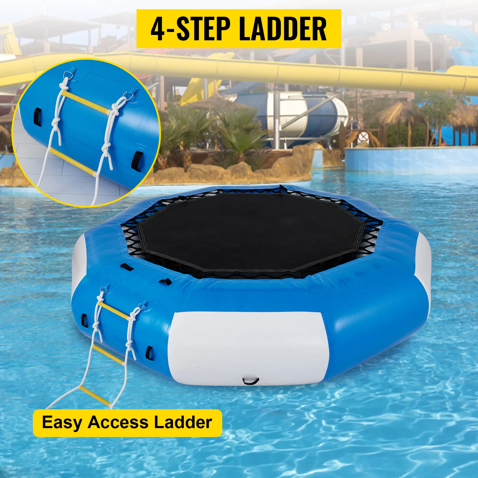 Trampolín acuático VEVOR con escalera de 4 escalones en piscina, que ofrece fácil acceso y diversión para actividades acuáticas.
