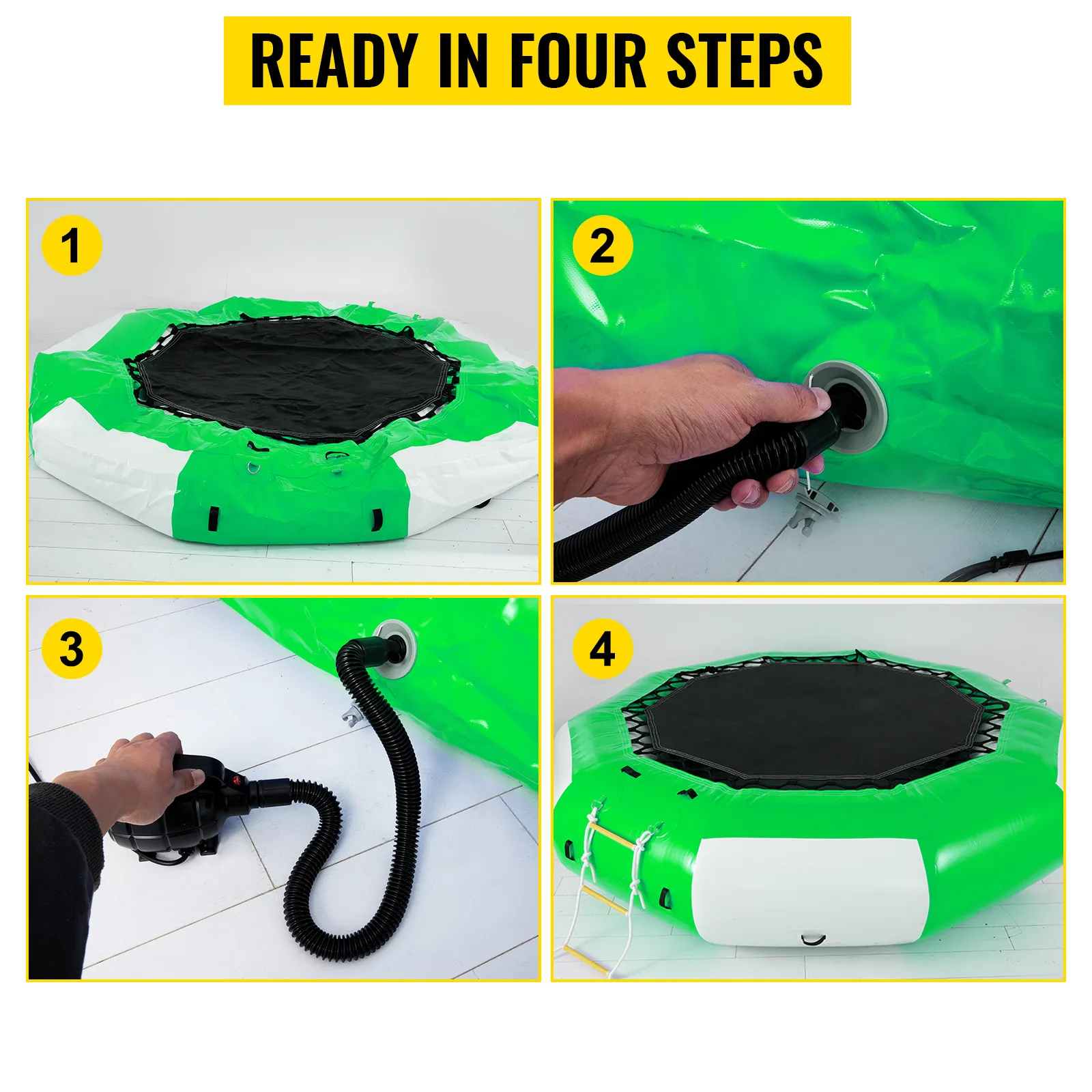 Instalación de trampolín acuático inflable VEVOR en cuatro pasos con elementos de diseño verdes y blancos.